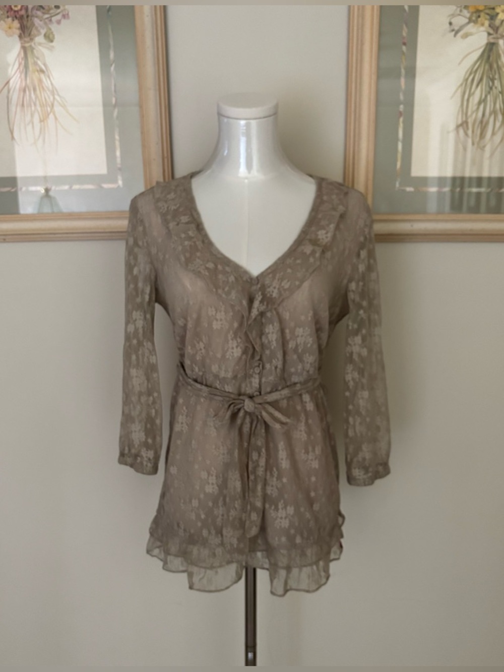 Taupe Floral Sheer Long Sleeve Blouse